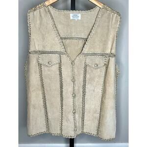 ☀️Boho Crochet Trim Vest Women L Beige Faux Suede Western Festival Coastal